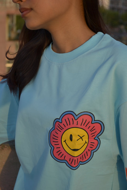 Happy Sunflower Oversized 100% Cotton Sky Blue Printed Unisex T-Shirt