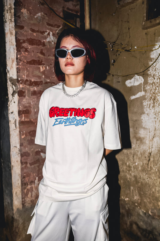 Greetings Earthings Oversized 100% Cotton Pearl White Printed Unisex T-Shirt