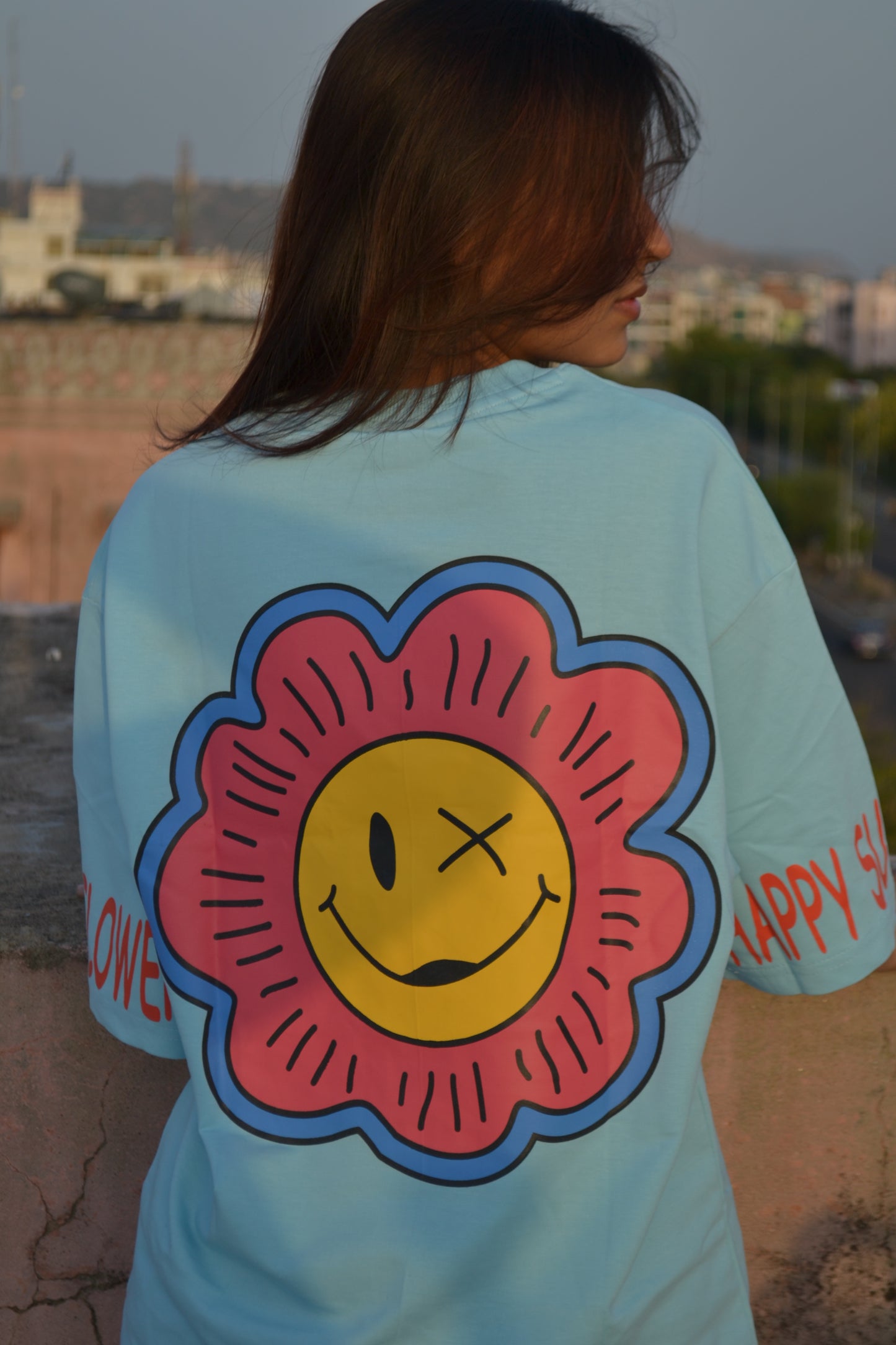 Happy Sunflower Oversized 100% Cotton Sky Blue Printed Unisex T-Shirt