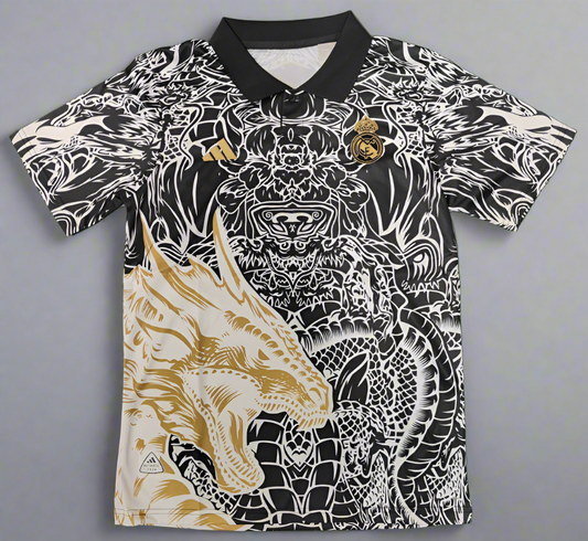 Real Madrid Black and Gold Special Dragon Edition Jersey with Shorts