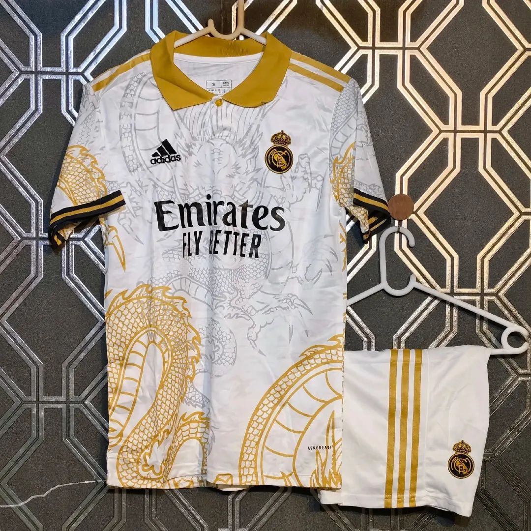 Real Madrid Dragon Edition Golden & White 24-25 Jersey with Shorts
