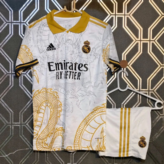 Real Madrid Dragon Edition Golden & White 24-25 Jersey with Shorts