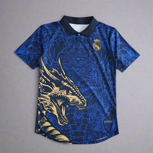 Real Madrid Blue and Gold Special Dragon Edition Jersey with Shorts