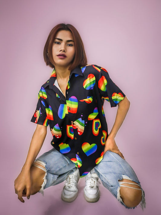 Vibgyor Heart Edition Summer Cool Half Sleeve 100% Rayon Printed Unisex Shirt (Black)