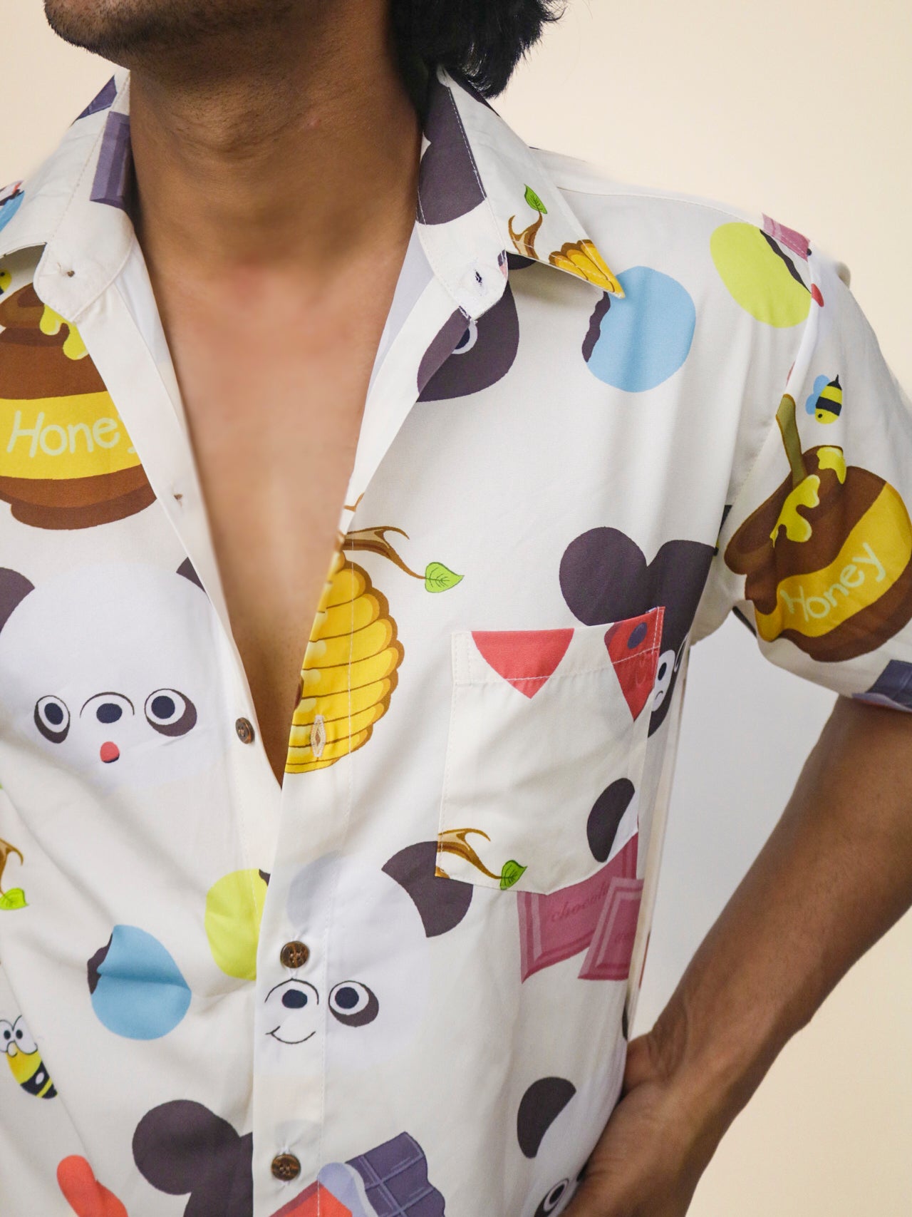 Sweets & Panda Pearl White Limited Edition Summer Cool Half Sleeve 100% Rayon Printed Unisex Shirt