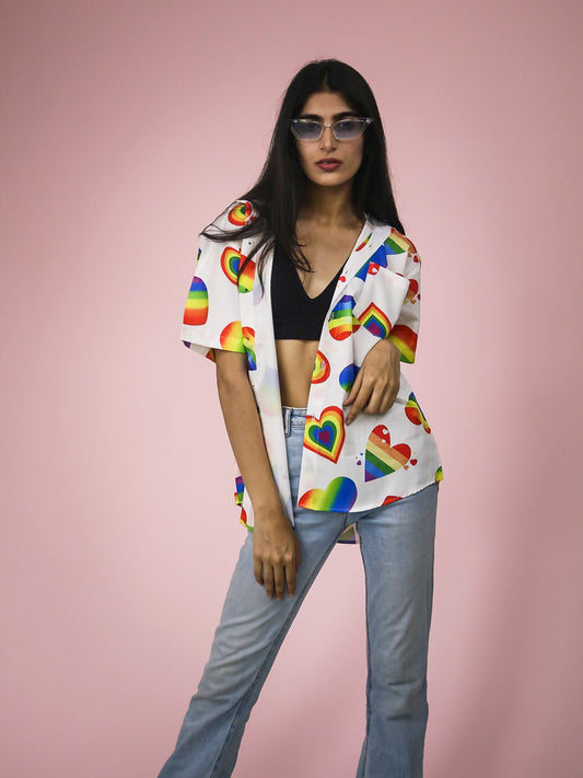Vibgyor Heart Edition Summer Cool Half Sleeve 100% Rayon Printed Unisex Shirt (White)
