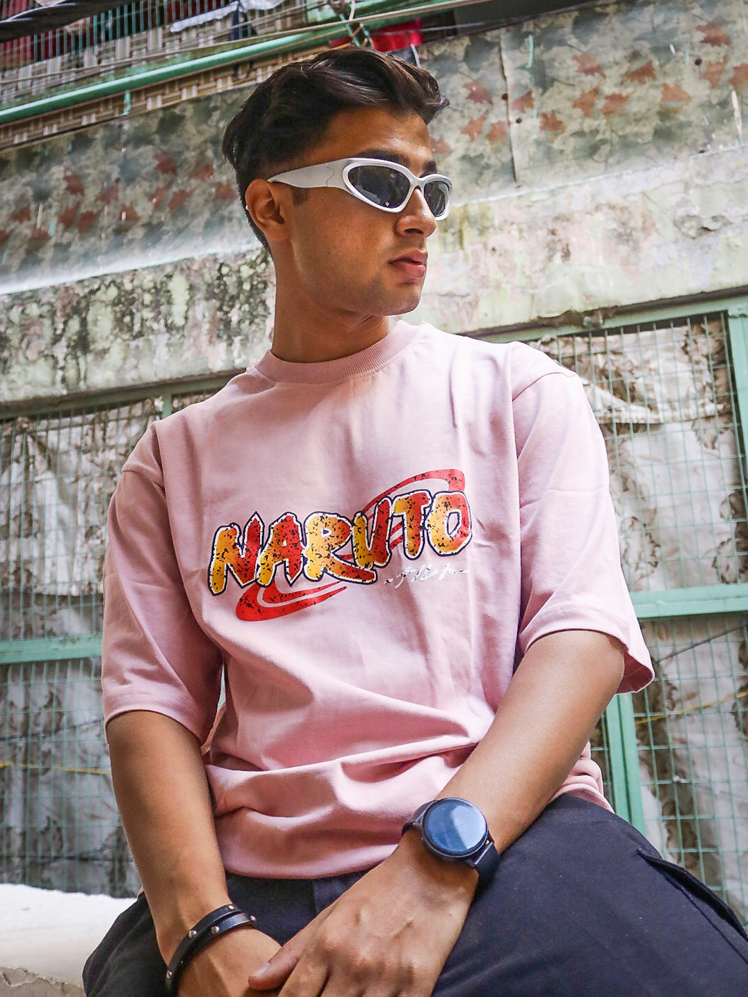 Naruto Oversized 100% Cotton Rose Pink Printed Unisex T-Shirt
